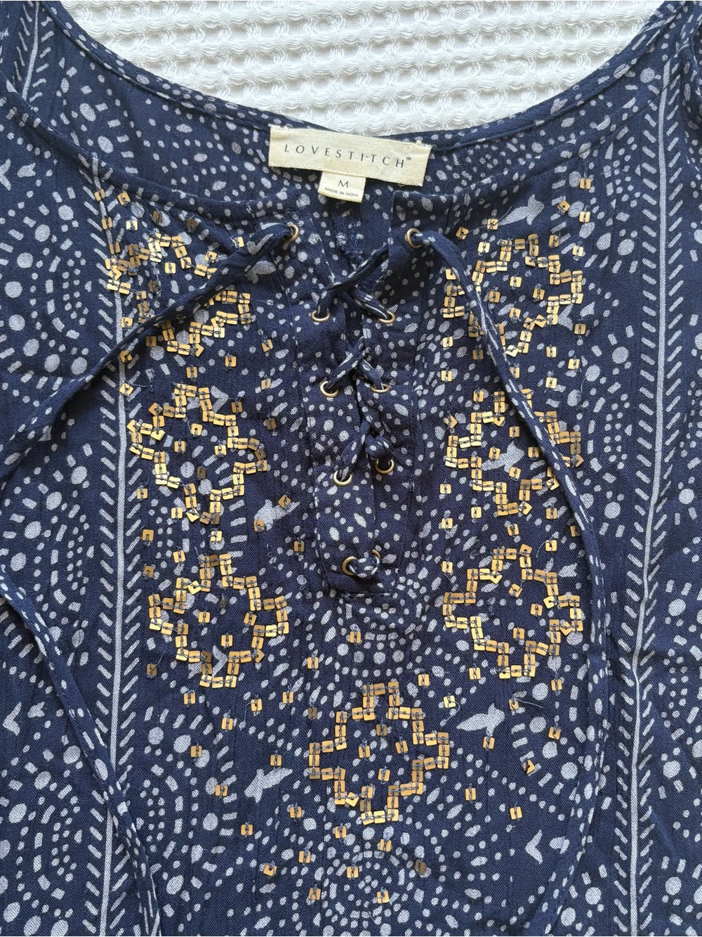 Lovestitch Navy Print Gold Sequin Lace Up Tank Top Boho Embellished M - Picture 2 of 6